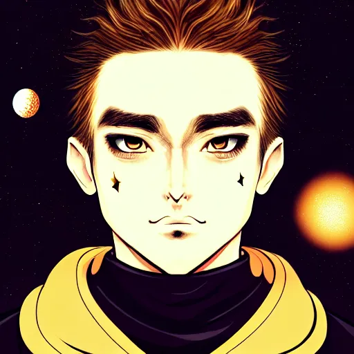 Image similar to a man with with brown hair, eyes with stars and galaxies in his eyes, wearing a black robe with the tips made of gold, anime, trending on artstation, high quality