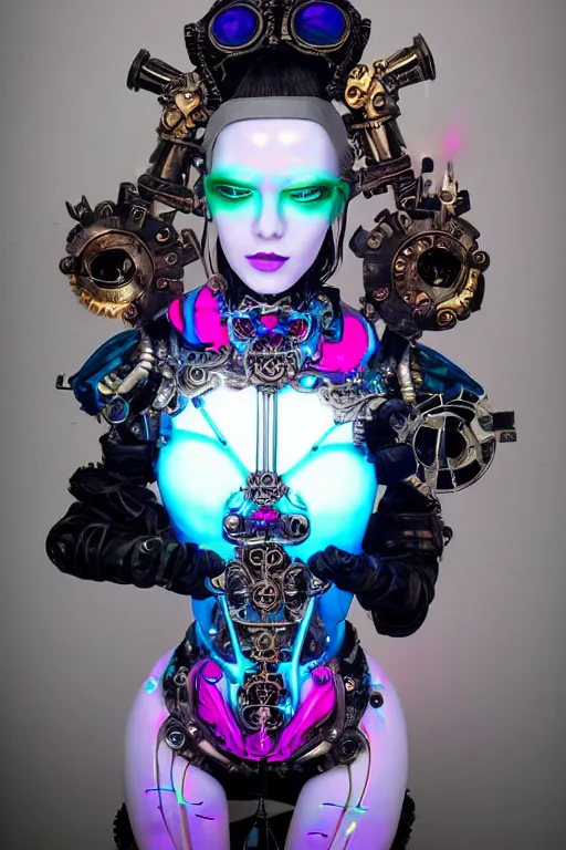 Prompt: full-body porcelain baroque steampunk futuristic style sculpture of a young beautiful goddess as a half-robot wearing cholo shades, blue glowing lips, mechanical fingers, oozing neon radioactive liquid, electric sparks, glowing hot magenta laser beam eyes, blue diamonds, golden steampunk necklace with a glowing white crystal orb, flowing pink satin, industrial fabrics, mechanical plants. baroque and steampunk elements. full-length view. baroque element. intricate artwork by caravaggio. Trending on artstation, octane render, cinematic lighting from the right, hyper realism, octane render, 8k, depth of field, 3D