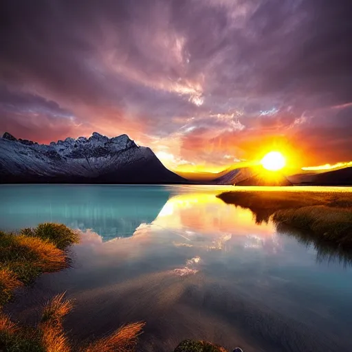 Image similar to landscape photography by marc adamus, glacial lake, sunset, dramatic lighting, mountains, clouds, beautiful