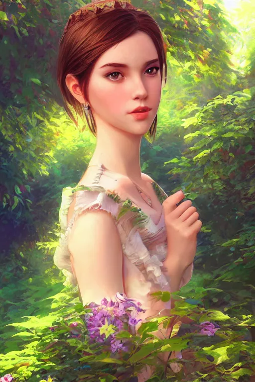 Prompt: portrait of a princess, painting by michael wellen, john stephens, artgerm, ilya kuvshinov, in a verdant garden, tone mapping, trending on artstation