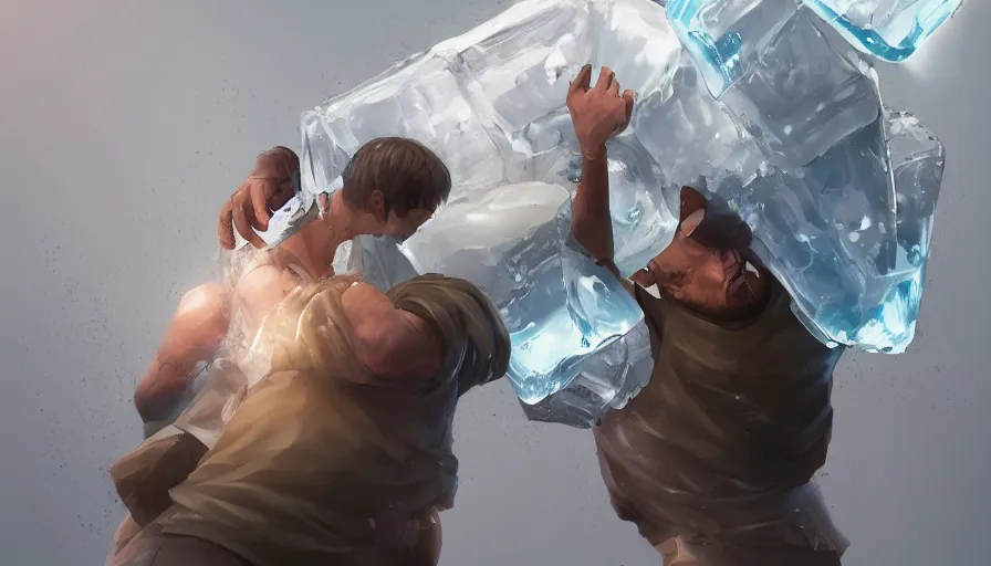 Image similar to a guy hugging a huge ice cube to cool off on a hot summer day, hyperdetailed, artstation, cgsociety