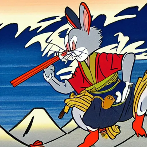 Prompt: bugs bunny wearing a samurai armor, yielding a katana, painting, in the style of Katsushika Hokusai