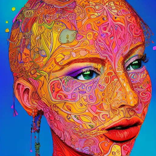 Image similar to the portrait of a beautiful young woman partially made up of bell peppers of all colors, an ultrafine detailed illustration by james jean, intricate linework, bright colors, final fantasy, behance contest winner, vanitas, angular, altermodern, unreal engine 5 highly rendered, global illumination, radiant light, detailed and intricate environment