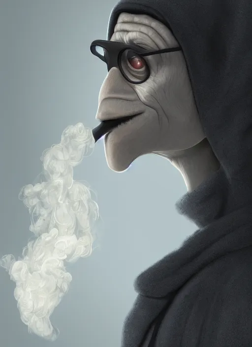 Prompt: an anthropomorphic beautiful male scientist portrait blowing smoke wearing black hoodie robe, binocular, fine art, award winning, intricate, elegant, sharp focus, octane render, hyperrealistic, wizard hat cinematic lighting, highly detailed, digital painting, 8 k concept art, art by jamie hewlett and z. w. gu, masterpiece, trending on artstation, 8 k