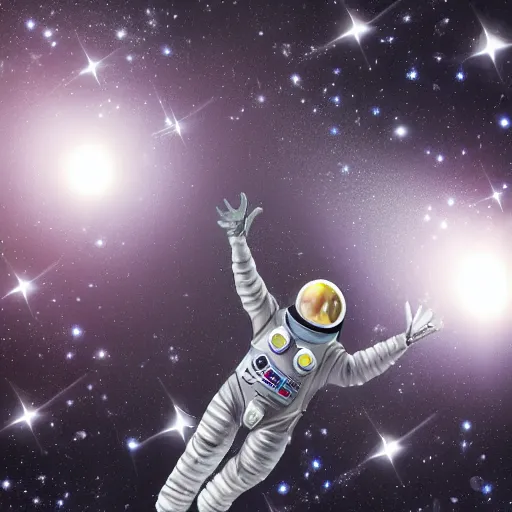 Prompt: man in silver space suit walking on catwalk suspended in the darkness of space, surrounded by stars, isometric view