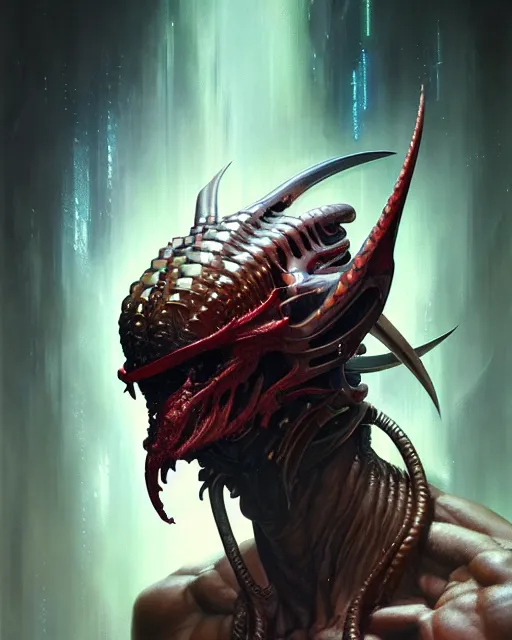 Image similar to a portrait of the predator fantasy character portrait, ultra realistic, cinematic, concept art, wide angle, intricate details, hologram, highly detailed by peter mohrbacher, boris vallejo, hajime sorayama aaron horkey, gaston bussiere, craig mullins