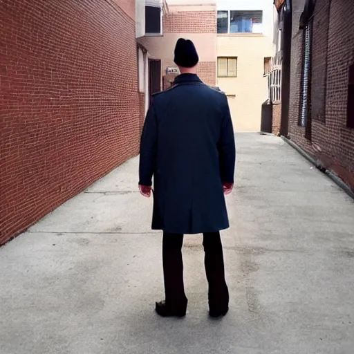 Prompt: man standing in the alley with a trenchcoat, the man has a superhero physique