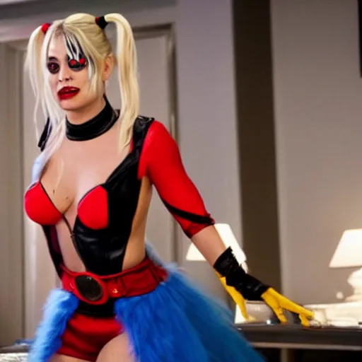 Image similar to A still of Kaley Cuoco as Harley Quinn