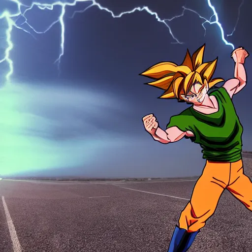 Prompt: dutch angle shot, one man, real, shaggy rogers, powering up like in dragon ball z, lightnings, real, realistic, cinematic,, god rays, lightnings