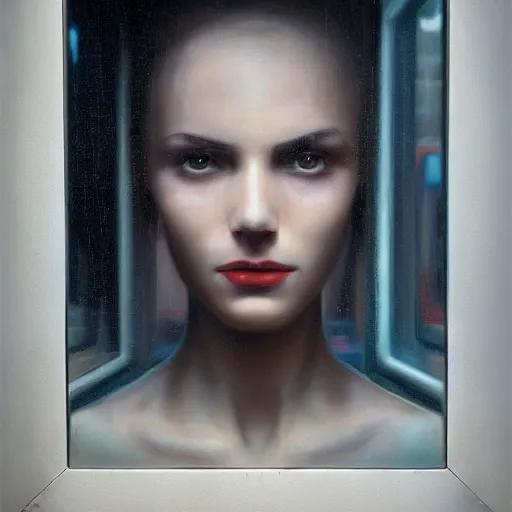 Image similar to detailed face of a woman, moment, cyberpunk cloisters, electronic billboards, tech noir, wet reflections, atmospheric, ambient, pj crook, livia prima, greg rutkowski, edward hopper