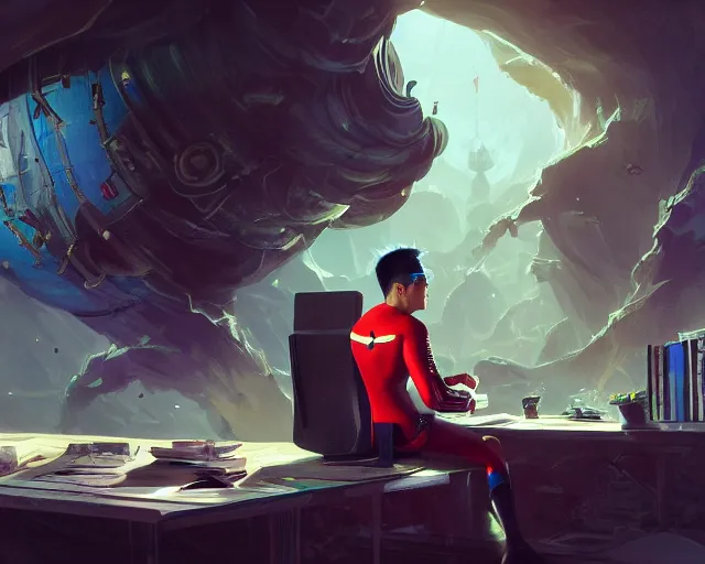 Image similar to an insanely detailed painting of a nerdy asian man wearing a superhero costume, sitting at a desk, staring at the nervously at the computer and typing, in the style of peter mohrbacher, dramatic lighting and composition, octane render, pixar, trending on artstation, concept art, comic book, view from behind