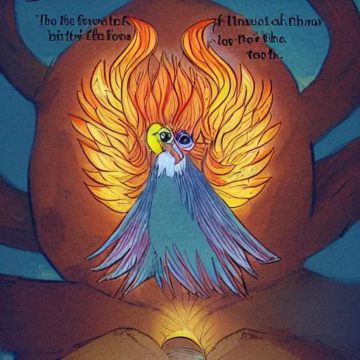 Prompt: a childrens book illustration about a faithful phoenix for a story that reads : the faithful phoenix always obey, so when it was time for him to go to the library, he went, and he never came back., ( 3 ), digital art