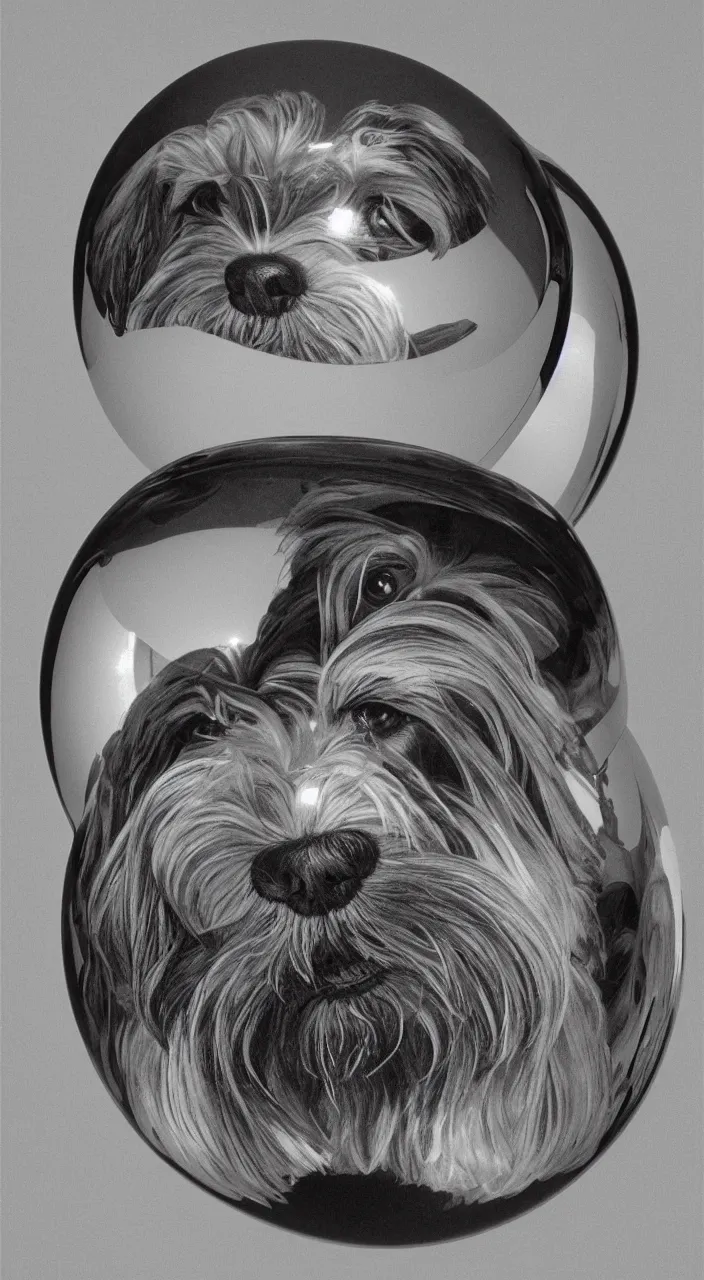 Image similar to self - portrait of a havanese dog reflection in a mirrored chrome sphere, by m c escher pen and paper