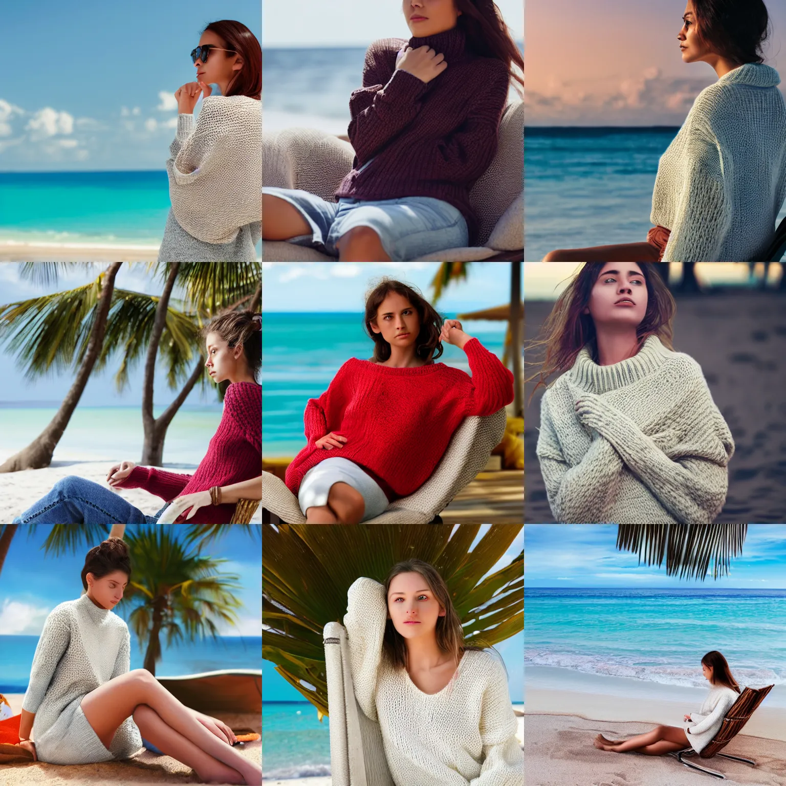 Prompt: a young woman wearing a thick knit sweater, she is shivering cold with her arms crossed close to her, in a lounge chair on a tropical beach in summer, photorealistic, 4k, 8k