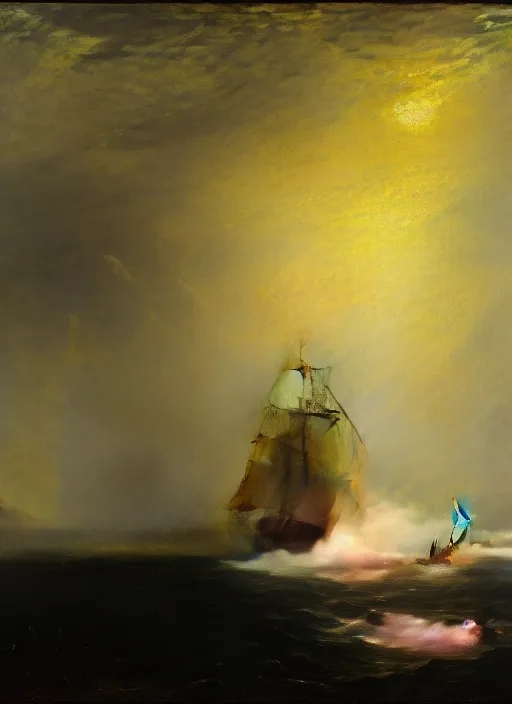 Image similar to an extremely detailed masterpiece of the sailing vessel bonhomme richard with canons discharging in early evening, in the style of j. m. w turner, epic scene, extremely moody lighting, glowing light and shadow, atmospheric, shadowy, cinematic, 4 k