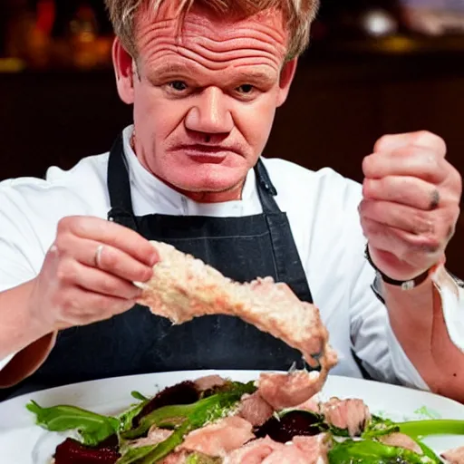 Image similar to < photo trending > gordon ramsey reacts outrageously to being served a plate overflowing with raw sliced chicken