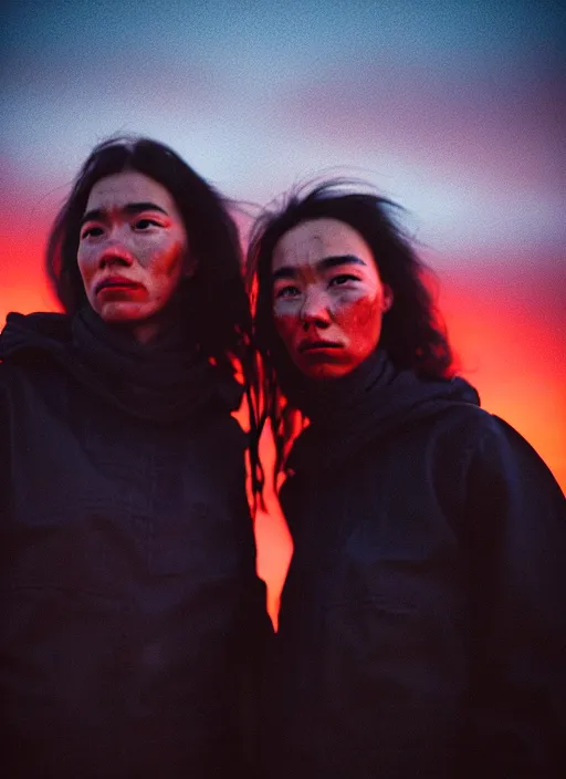 Image similar to cinestill 5 0 d photographic portrait of two loving clones, women wearing rugged black techwear on a desolate plain with a red sky, extreme closeup, diverse species, cyberpunk, in front of a brutalist dark metal facility, dust storm, 3 5 mm, 8 k, f / 3 2, high resolution, ultra realistic faces, beautiful faces