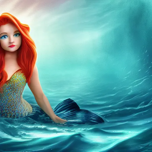 Prompt: the little mermaid swimming through a vast ocean, highly detailed face, photo realistic, full body, cinematic lighting, digital art, vivid colors, crown, 8 k