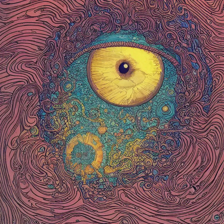 Prompt: an illustration of a giant eye surrounded by many strange things, a comic book panel by jean giraud moebius, behance, psychedelic art, salvia, tesseract, lovecraftian, cosmic horror