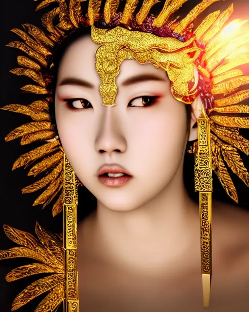 Prompt: hyper realistic portrait photo of beautiful ameterasu the sun goddess of japan, japanese model, portrait shot, intricate detail, glittering sun rays