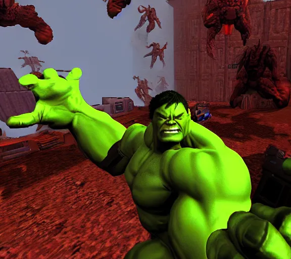 Image similar to hulk in the videogame doom, screenshot