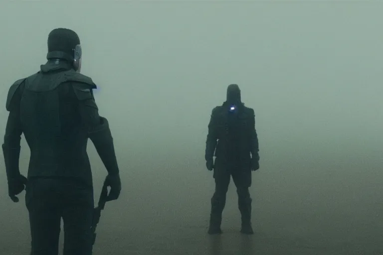 Prompt: still from bladerunner 2049 (2017) man wearing black tactical gear. mountain in background obscured by fog volumetric raining. green hill. Cyberpunk soldier holding rifle intimidating, reflective visor, emissive details. dark low exposure overcast skies.