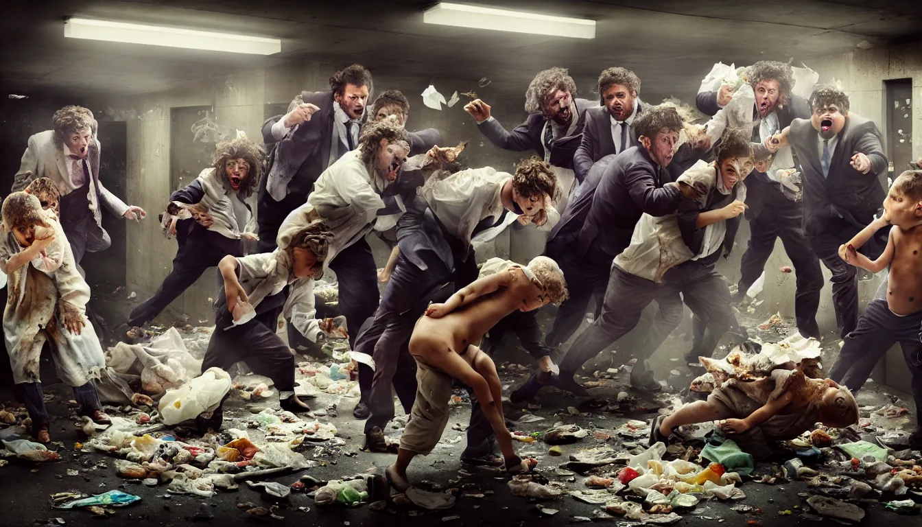 Prompt: disheveled children in rags and obese men in suits fighting in a squalid subway over piles half eaten fast food and money, hyper realistic photo, full colour, upscale, 8 k, masterpiece,