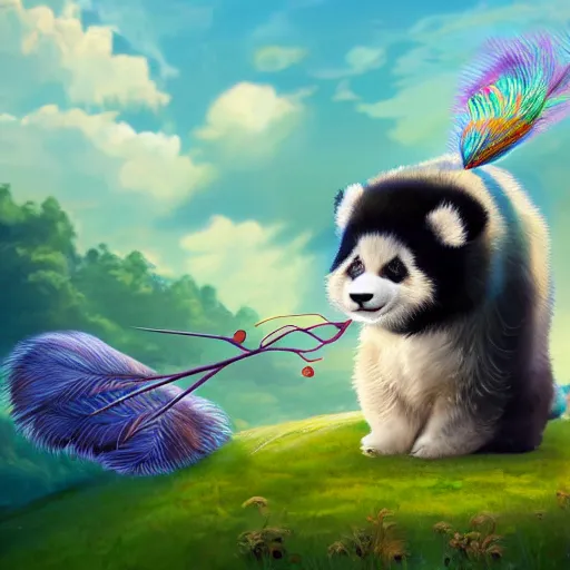 Prompt: cute fluffy baby panda lion hybrid mixed creature character concept, with long flowing fur blowing in the wind, wearing headdress of peacock feathers and flowers, detailed painting, renaissance, 4 k