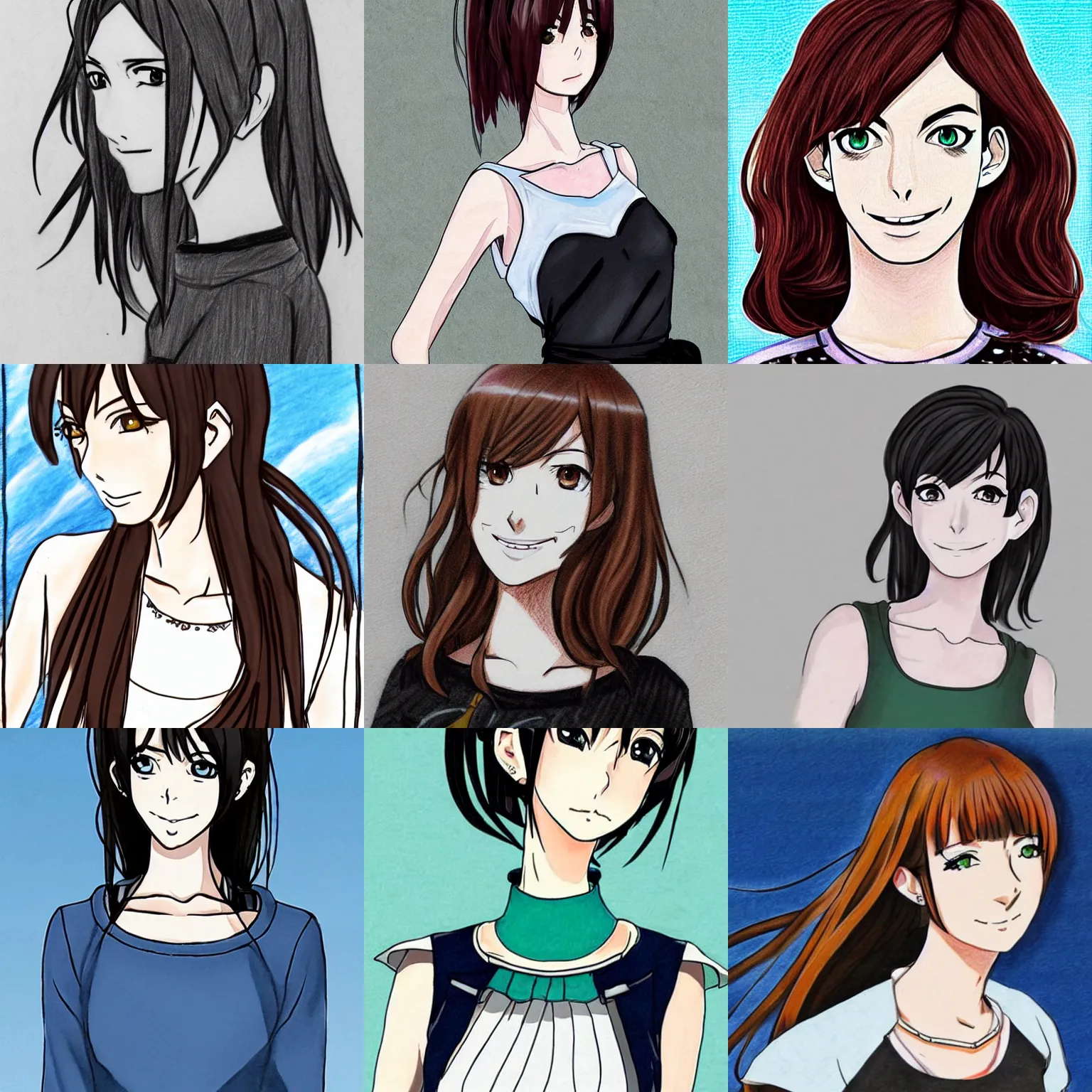 Prompt: an anime-style drawing of anne hathaway, wearing a cute top, trending, popular, top rated