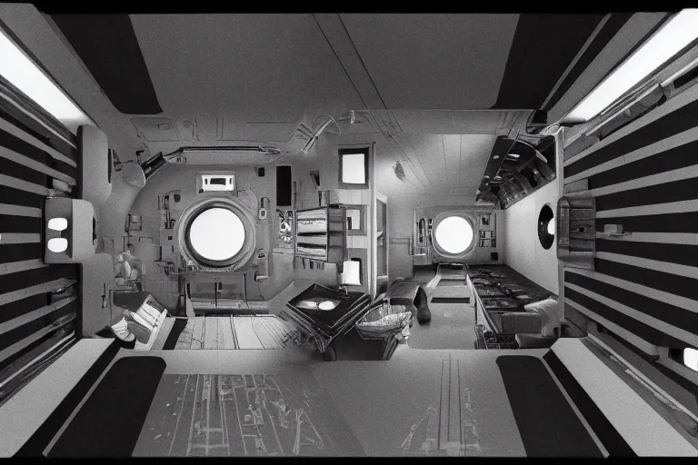 Prompt: small personnel quarters inside rocket ship with gray metallic factory engine walls and small window looking into space, details, sharp focus, intricate, high definition, movie set, retro, 1970s, 1980s, sci-fi, digital Art, 3D, realistic photograph, lucasfilm, stanely kubrick