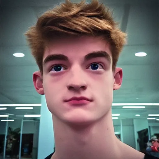 Image similar to “a realistic detailed photo of a guy who is an attractive humanoid who is half robot and half humanoid, who is a male android, twitch streamer Ninja Tyler Blevins, shiny skin, posing like a statue, blank stare”