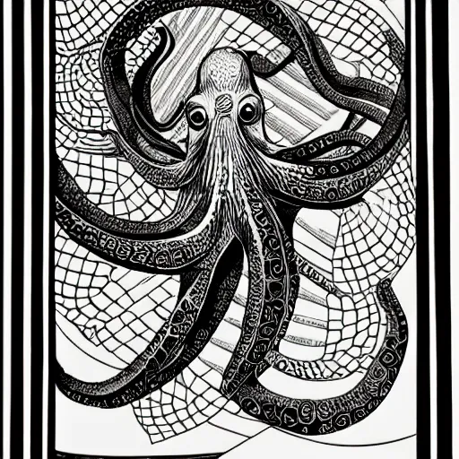 Image similar to MC Escher illustration of an octopus