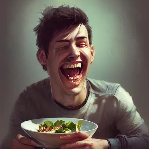 Image similar to an illustration of a young man eating salad and laughing,hyperdetailed,detailed face,art by greg rutkowski,trevor henderson,artstation,deviantart