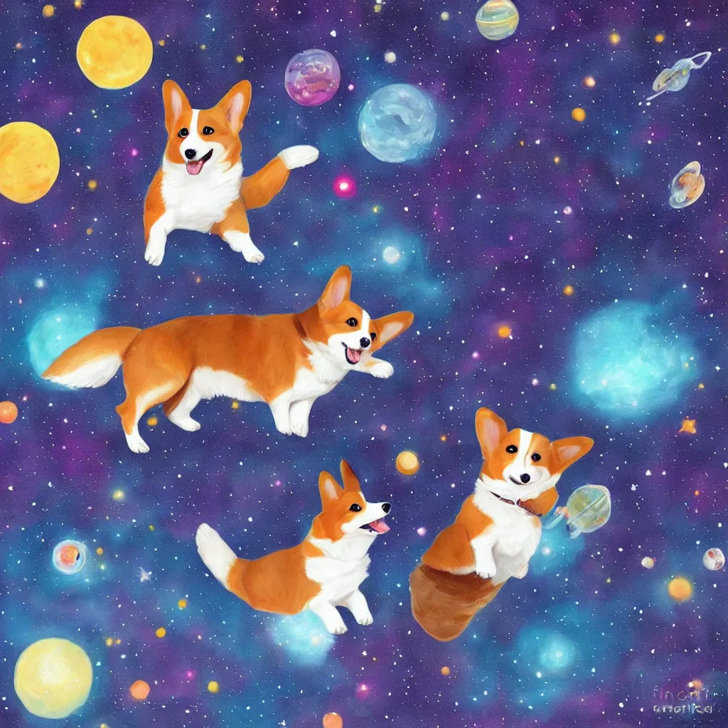 Prompt: cute happy corgi floating in outer space, detailed digital painting, beautiful