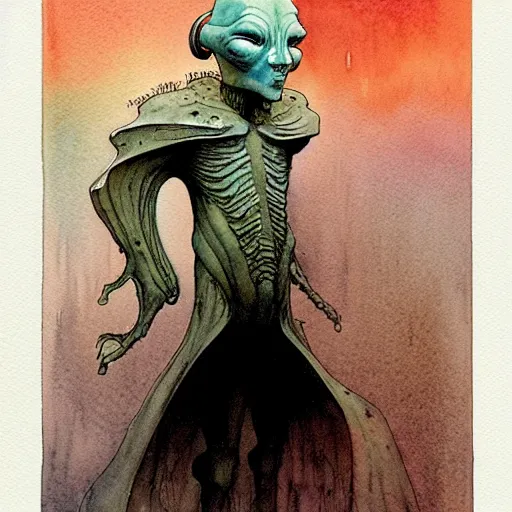 Image similar to a simple and atmospheric watercolour portrait of a pulp sci - fi alien from another dimension, very muted colors, by rebecca guay, michael kaluta, charles vess and jean moebius giraud