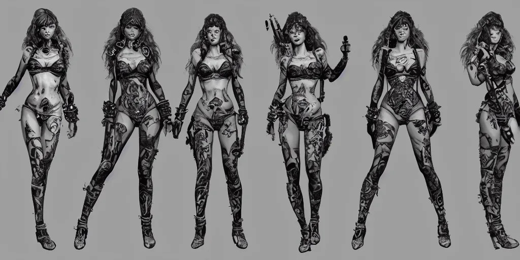 Prompt: brigitte bardot as a tattooed pinup warrior, character sheet, concept design, contrast, hot toys, kim jung gi, greg rutkowski, zabrocki, karlkka, jayison devadas, trending on artstation, 8 k, ultra wide angle, pincushion lens effect