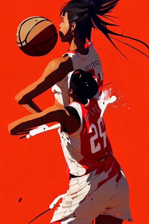 Prompt: a ultradetailed beautiful panting of a woman playing basketball, by conrad roset, greg rutkowski and makoto shinkai, trending on artstation