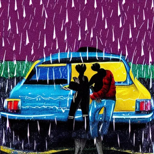 Image similar to high school kids making out in a car at night in the rain, colorful!!, nighttime!, raining!