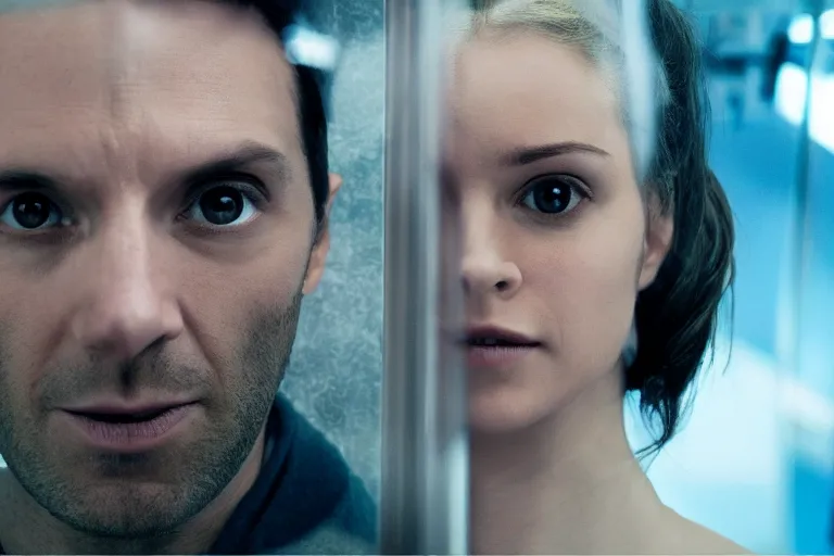 Image similar to movie closeup polar opposites, couple, researchers in a futuristic weapons lab, beautiful skin, Symmetrical faces. Beautiful lighting by Emmanuel Lubezki