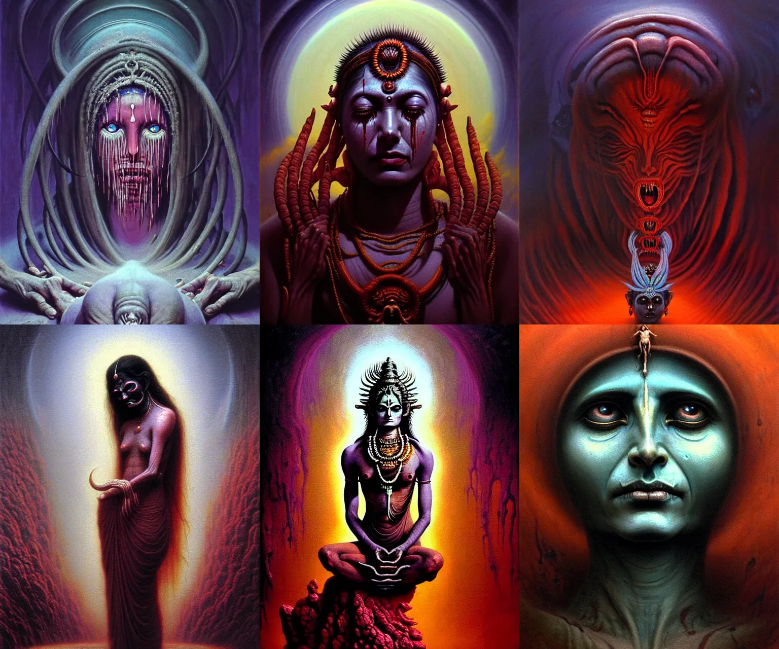 Prompt: A cinematic dramatic crying portrait of a meditative Tamil demon goddess of grief despair sorrow, by David Schleinkofer, by Wayne Barlowe, by Paul Lehr, by Bruce Pennington, by Zdzisław Beksiński, by HR Giger, oil on canvas, masterpiece, trending on artstation, featured on pixiv, cinematic composition, astrophotography, dramatic pose, beautiful lighting, sharp, details, details, details, hyper-detailed, no frames, 8K