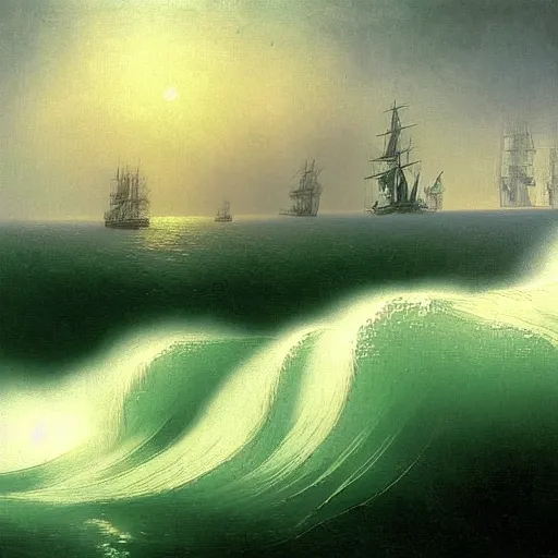 Image similar to the drawing depicts a huge wave about to crash down on three small boats. the boats are filled with people, and they all look terrified. catholicpunk by ivan aivazovsky curvaceous, ornamented