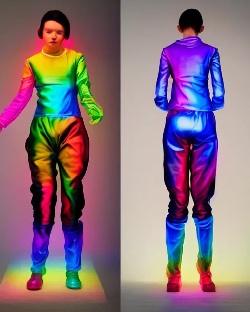 Prompt: full body shot of young punk woman dressed in futuristic cyberpunk rainbow clothing, soft light, bjork aesthetic, translucent, by rineke dijkstra and artgerm, intricate details, highly detailed, masterpiece, 8 5 mm