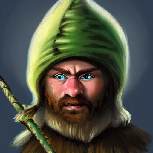Prompt: portrait of a gnome barbarian with blonde hair and green eyes, digital art