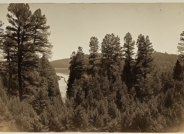 Prompt: Overlook of a river and dry bluffs covered in pine trees, albumen silver print by Timothy H. O'Sullivan.