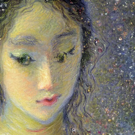 Prompt: A delicate, soft and highly detailed painting of a women with sparkly googly anime eyes, chiaroscuro, masterpiece painted by Claude monet, post-impressionism, thick impasto technique, paint-on-glass painting, pastel oil inks, very ethereal, vantablack chiaroscuro, paint-on-glass painting, oil inks, very ethereal, silver light, nacre colors