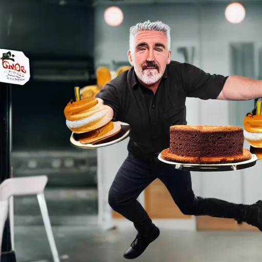 Prompt: a close up photo of Paul Hollywood stealing a pack of 6 cakes from the bakery, wearing a stereotypical robber outfit,excited expression, running towards the camera, photorealistic, clear lighting, detailed, 4k