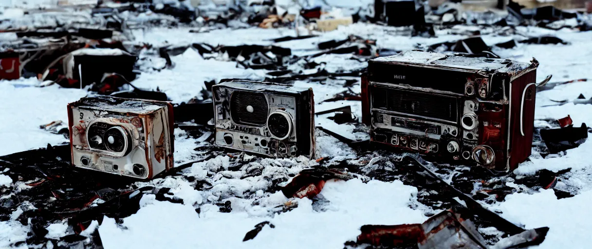 Image similar to filmic extreme closeup dutch angle movie still 4k UHD 35mm film color photograph of a texas instrument data tape player partly melted and burnt with smoke rising behind it, sitting among the rubble of a completely burned down structure in the snow in Antarctica at night