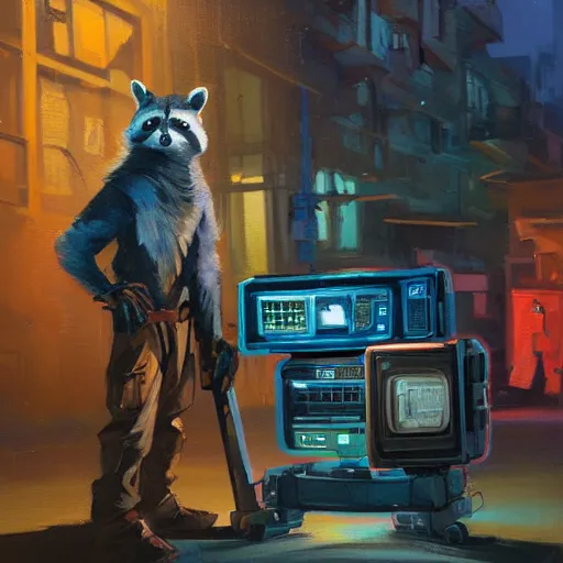 Image similar to greg manchess painting of a trash panda character, holding a box of cables and standing next to old electronic equiptment, medium shot, asymmetrical, profile picture, organic painting, night time, dark, neon lights, matte painting, bold shapes, hard edges, street art, trending on artstation, by huang guangjian and gil elvgren and sachin teng