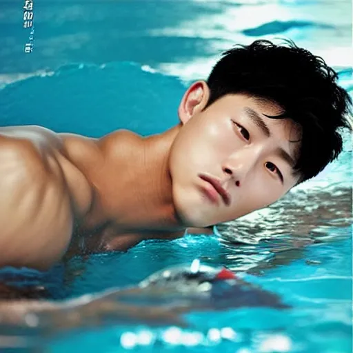 Prompt: song joong - ki portrait, young handsome asian male divers in speedo, kissing, muscle, studio photo