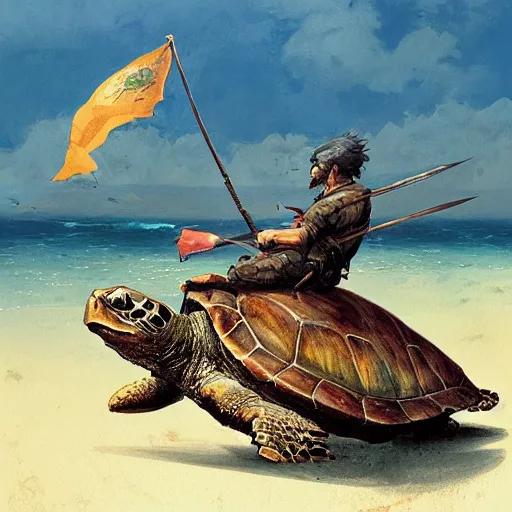 Image similar to man riding sea turtle with a spear, geog darrow greg rutkowski